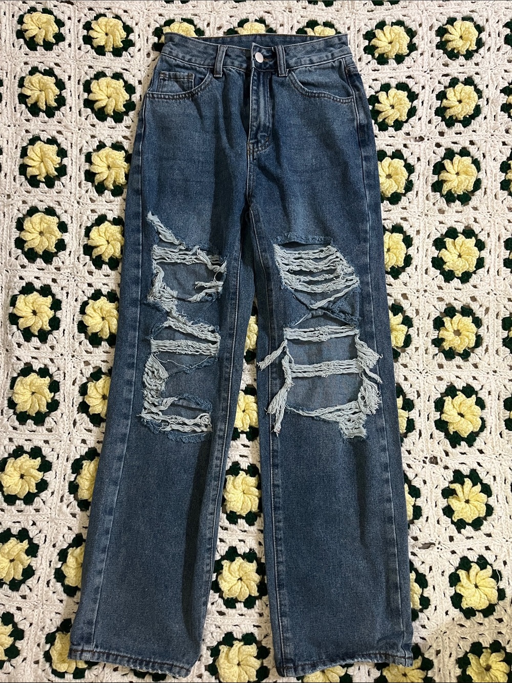 Distressed Straight-Leg Blue Jeans
